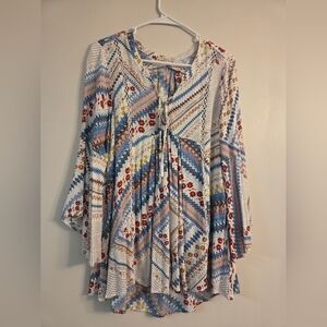 ODDY Women's Top with Blue, Red, and Cream Patterns
